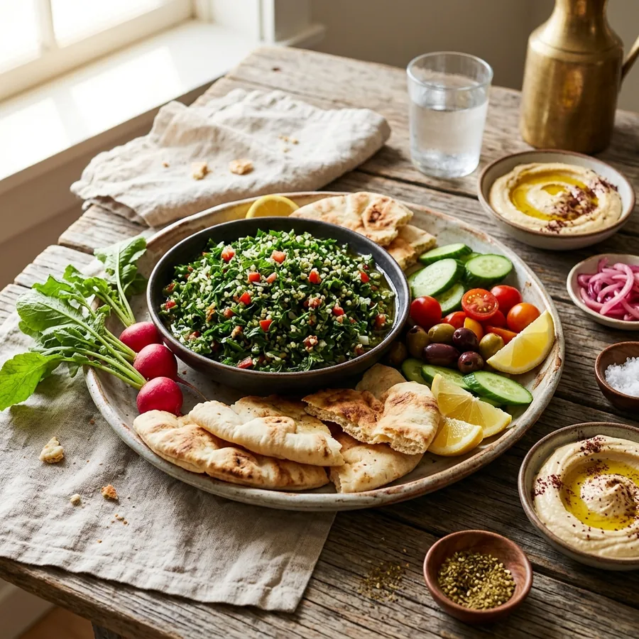 Tabouleh k pita chlebu a zelenině