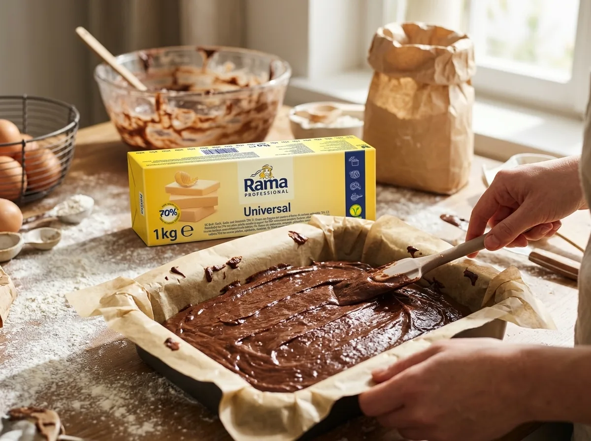 Těsto na brownies v plechu vyložené pečicím papírem