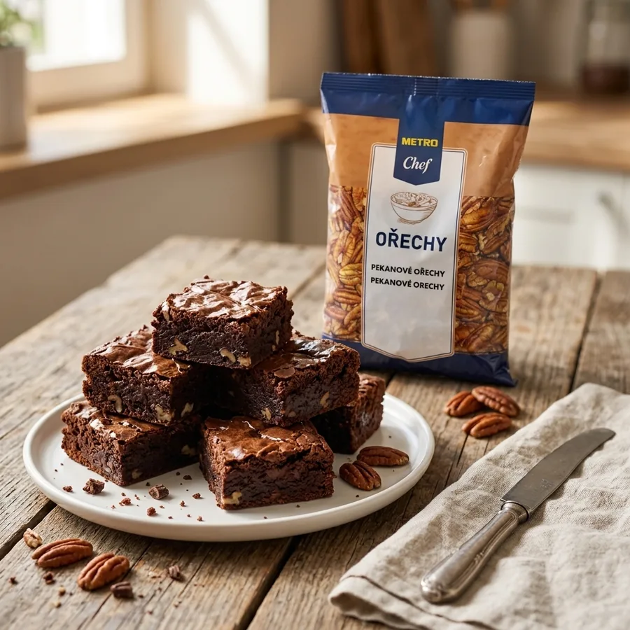 Nakrájená brownies s pekanovými ořechy