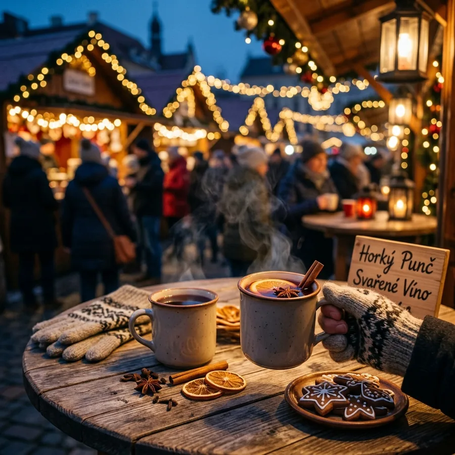 Horký punč na vánočním trhu v zimním večeru