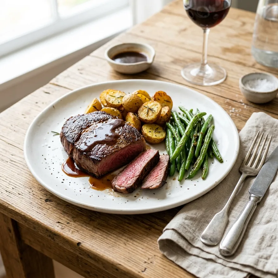 Steak s přílohou na talíři