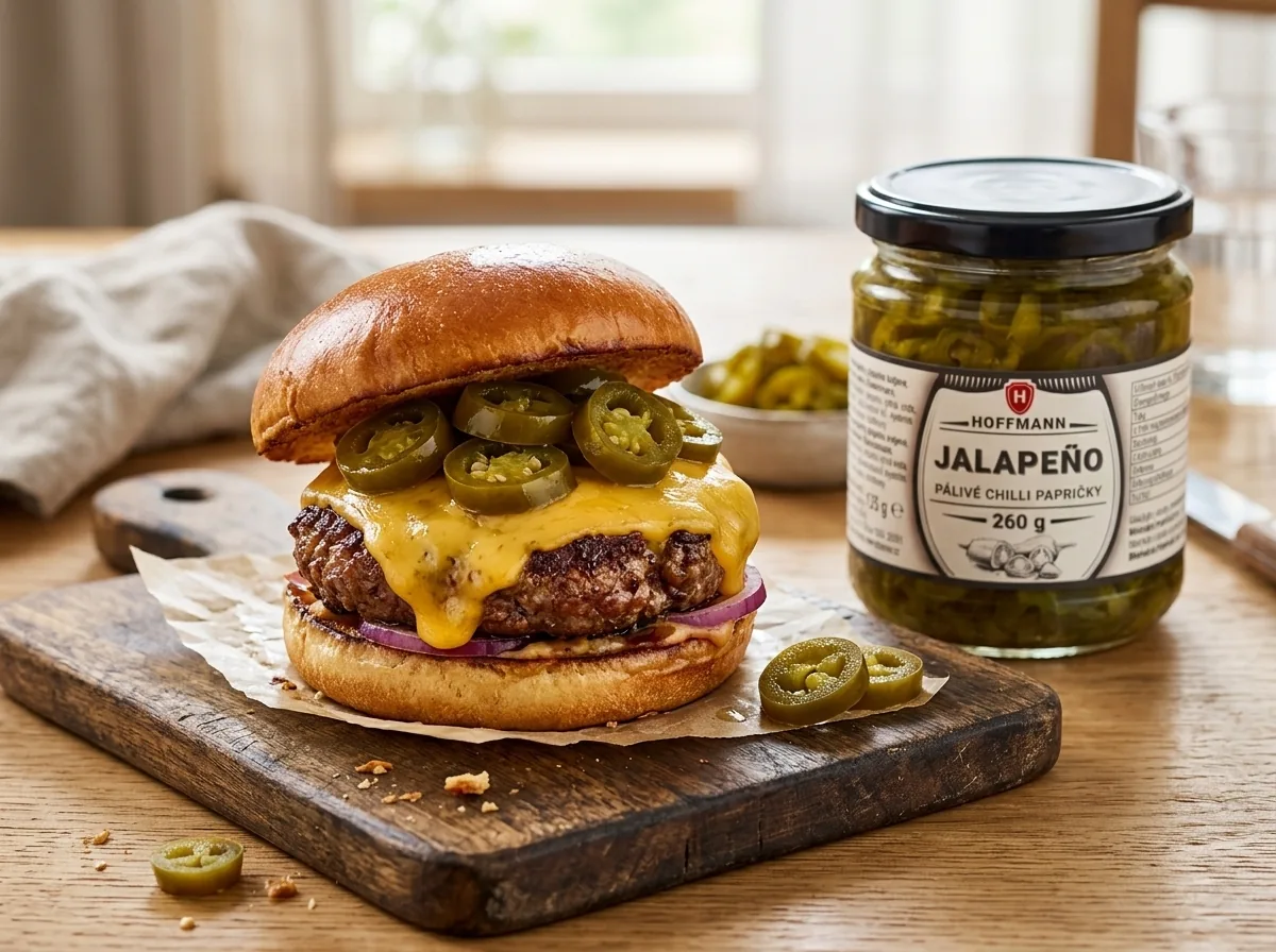 Burger s jalapeños krájenými ze sklenice
