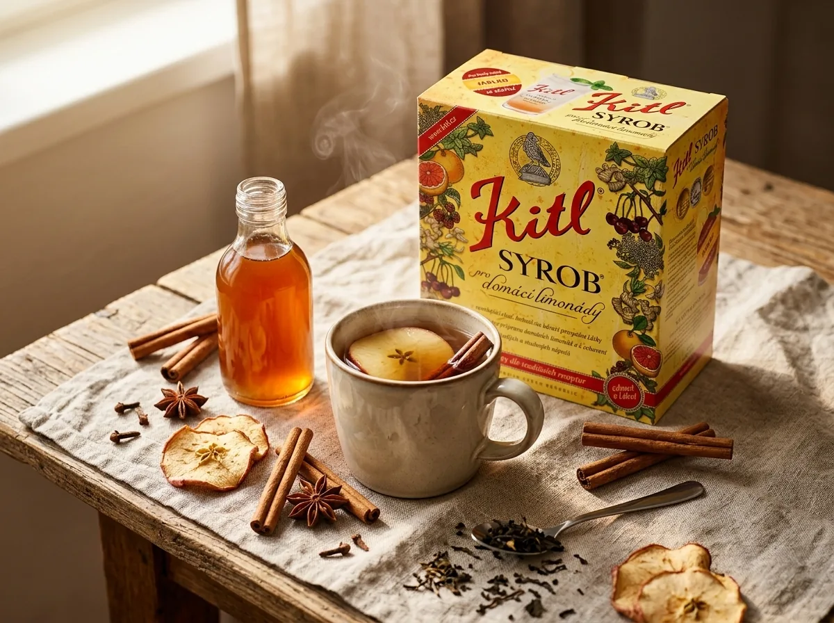 Sirup jablko a skořice 5 l vedle šálku horkého čaje