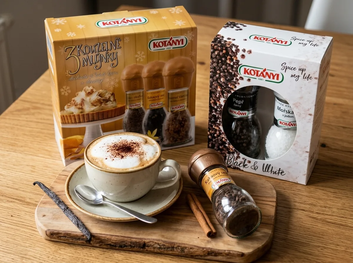 Kakaový mlýnek na cappuccino v bílé kuchyni
