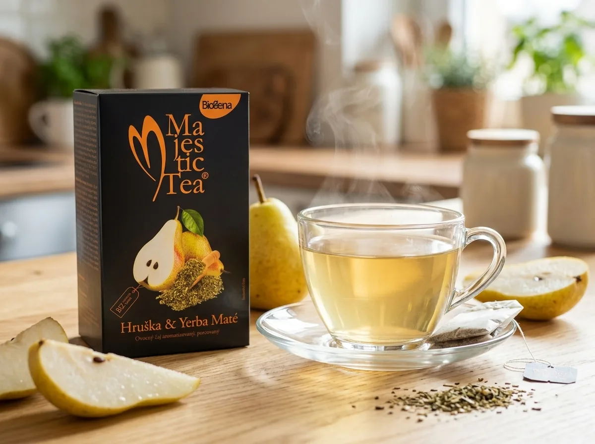 Majestic Tea hruška a yerba maté v šálku na ráno
