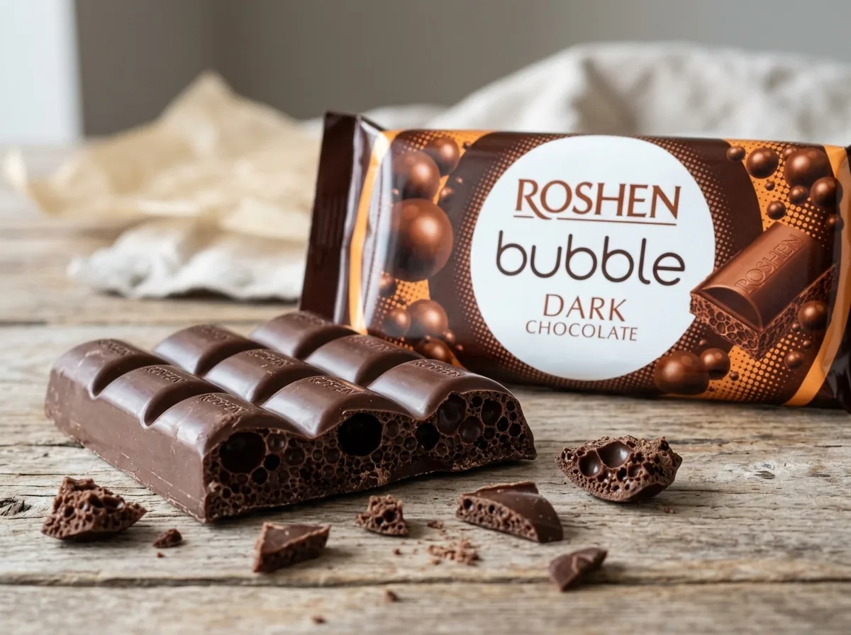 Detail porézní struktury Roshen Bubble extra hořké čokolády