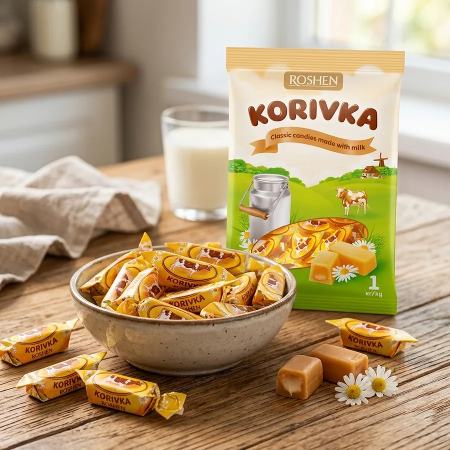 Mísa karamelových bonbónů Krowka na dřevěném stole