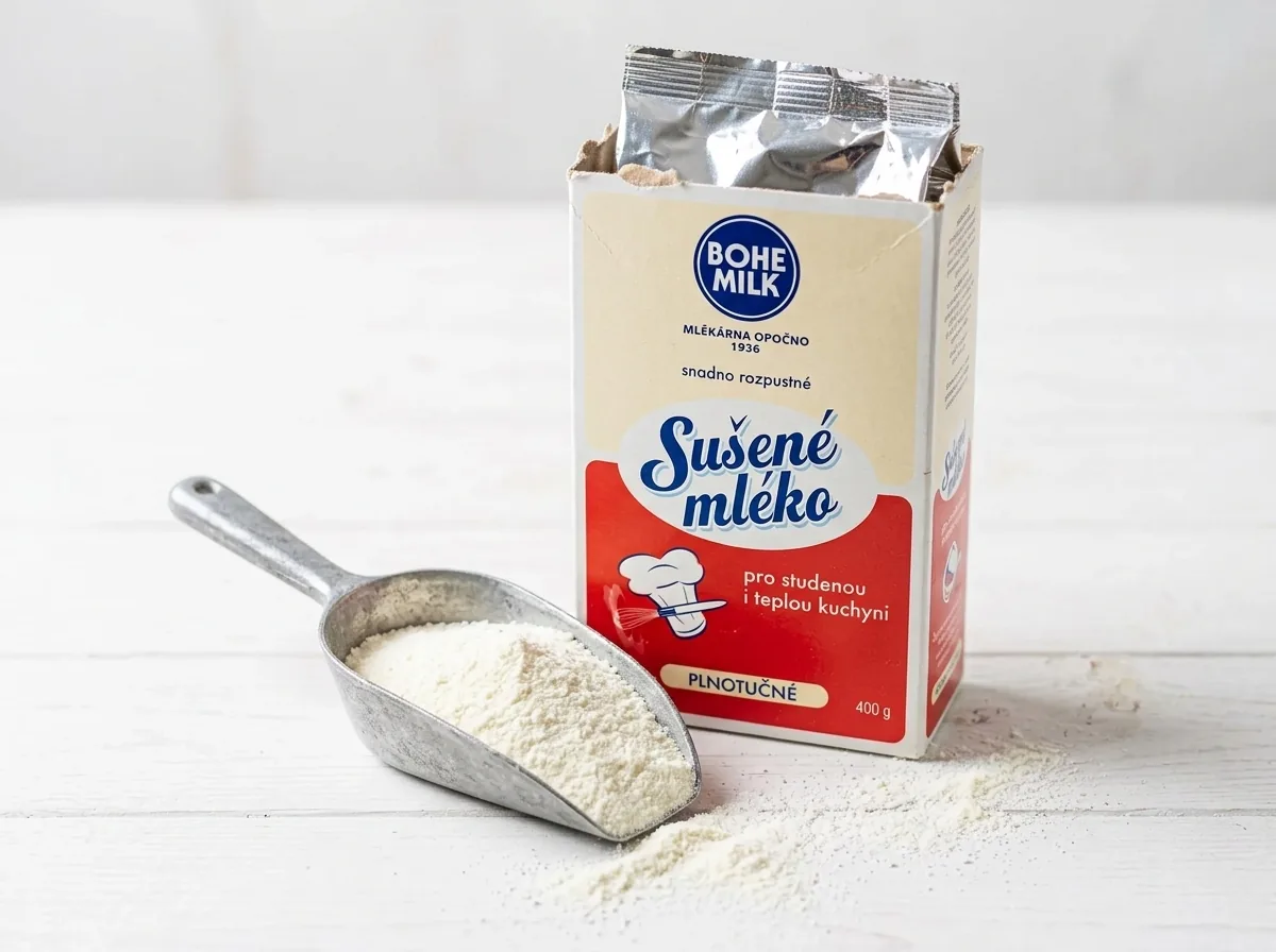 Odměrka sušeného plnotučného mléka Bohemilk na pracovní desce