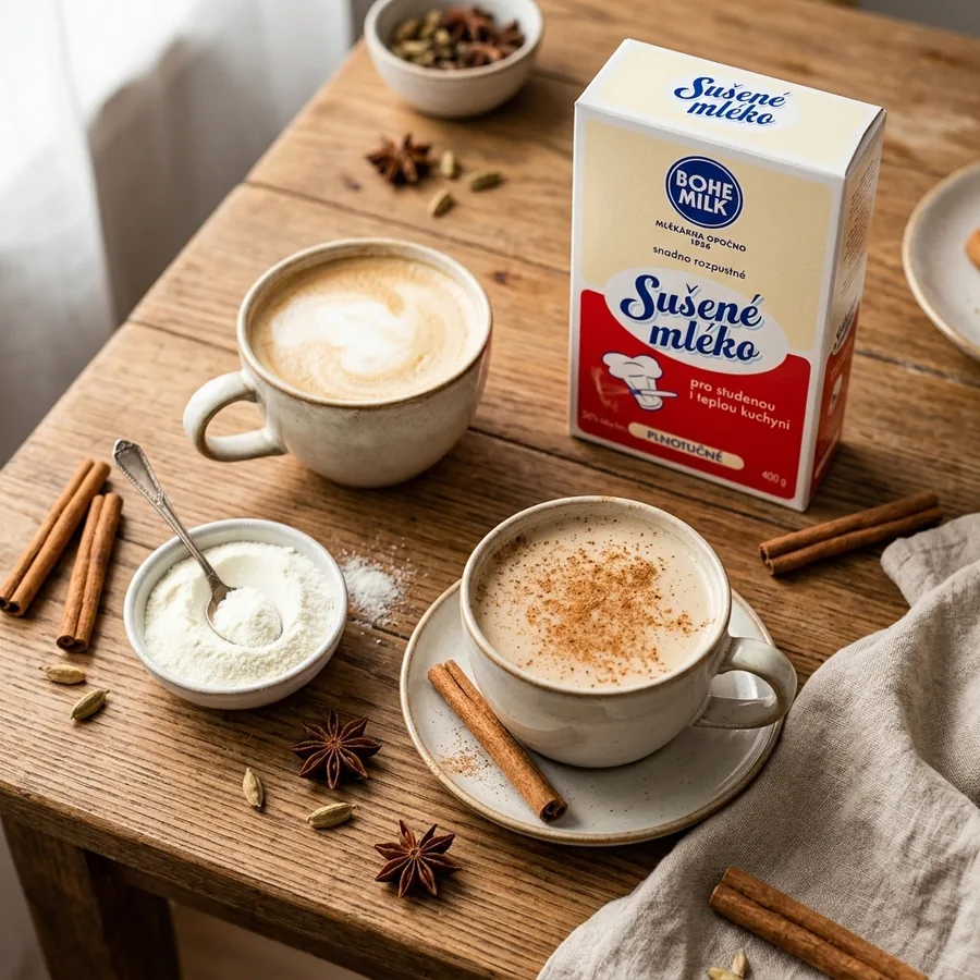 Káva a chai latte připravené se sušeným mlékem