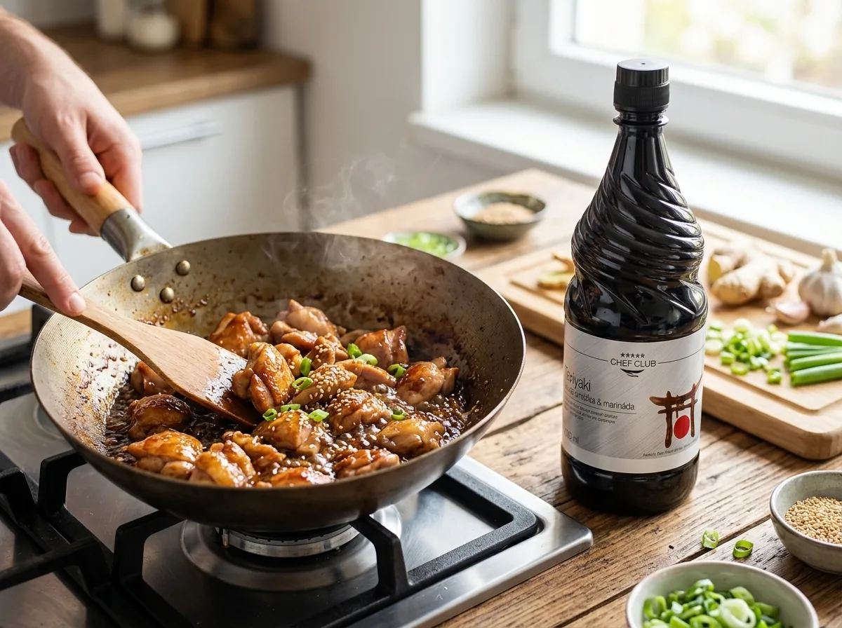 Kuřecí kousky glazované teriyaki omáčkou na pánvi