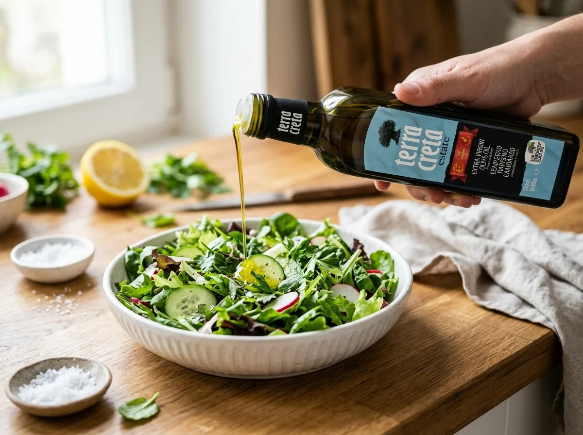 Nalévání olivového oleje Terra Creta na zeleninový salát