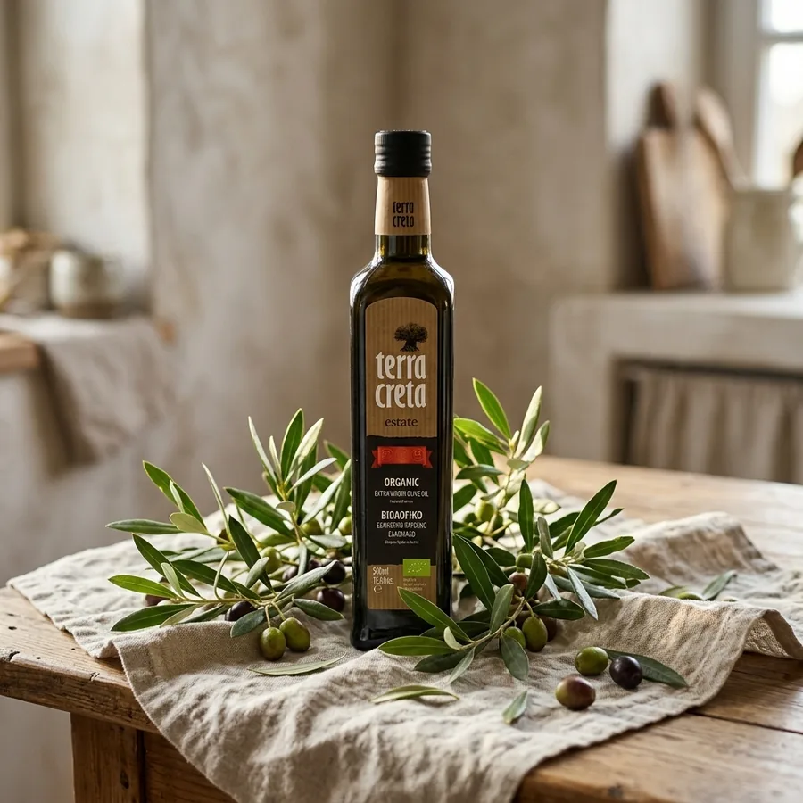 Bio olivový olej Terra Creta na lněném ubrusu