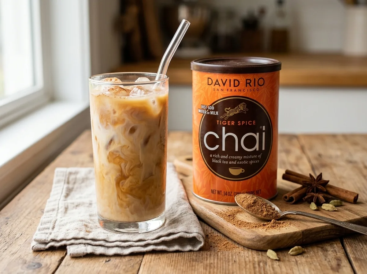 Ledové chai latte s Tiger Spice Chai na dřevěném prkénku