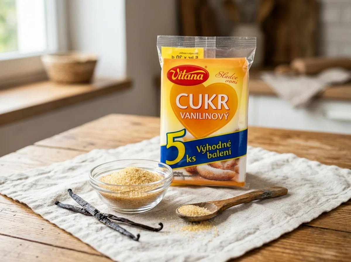 Miska vanilkového cukru vedle lusku vanilky
