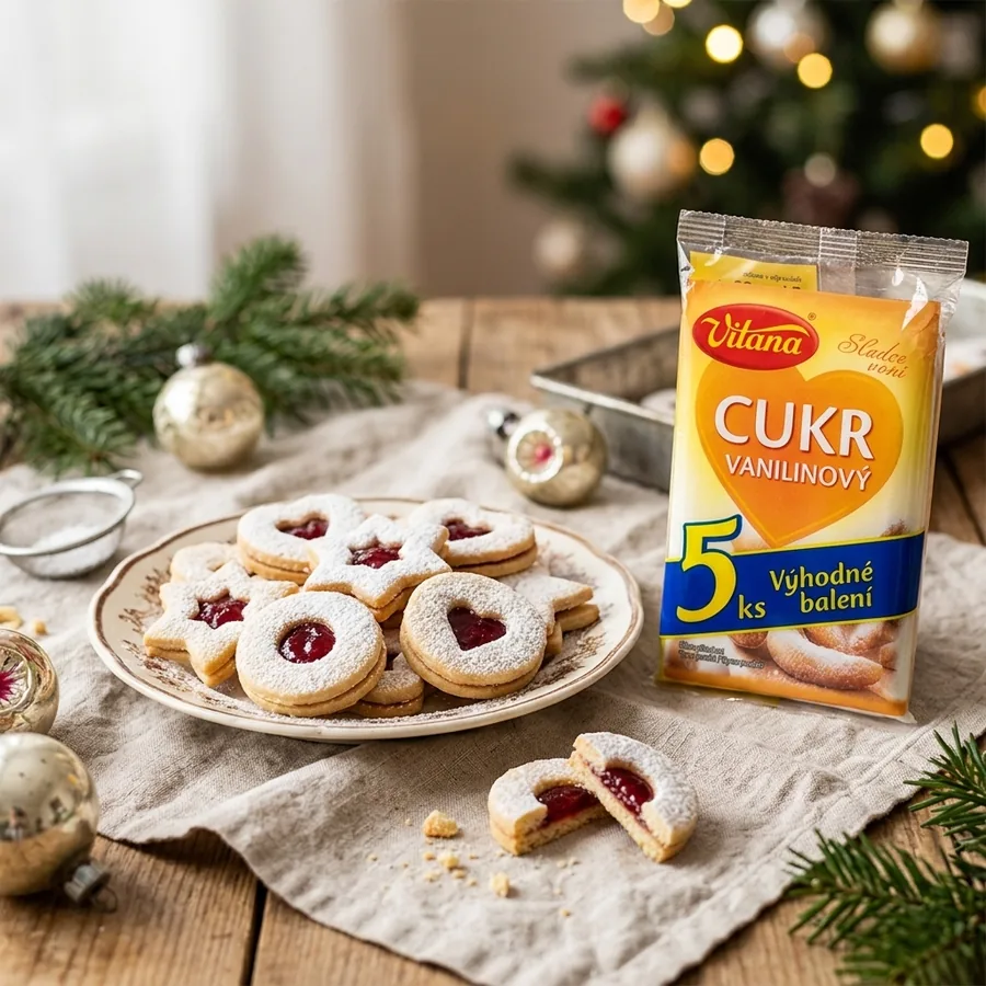 Linecké cukroví s džemem na vánočním talíři
