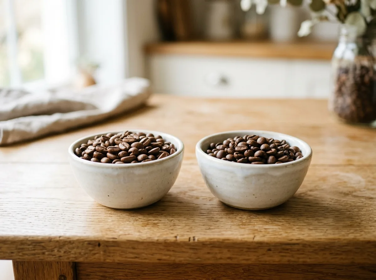 Srovnání kávových zrn arabica a robusta v miskách