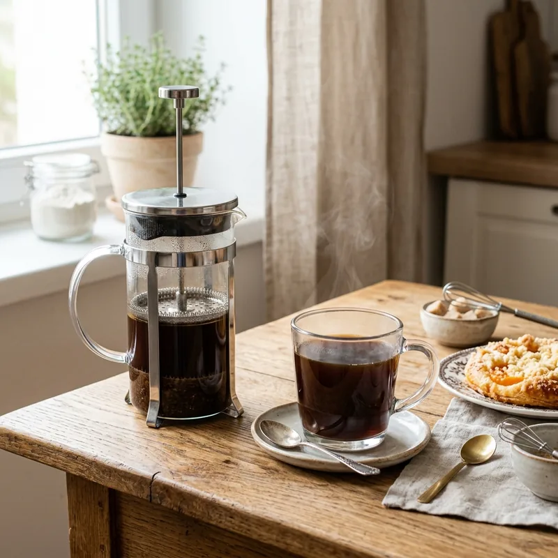French press s kávou a hrubě namletými zrny