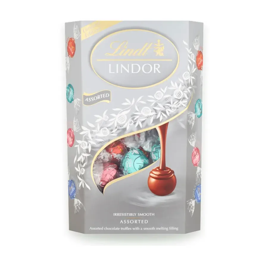 LINDOR Silver směs mléčné a bílé čokolády s jahodami a kokosem 337 g